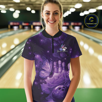 Custom Purple Butterfly And Roses Bowling Women Quarter-Zip Shirts, Ladies Bowling Team IPHW10877
