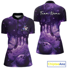 Load image into Gallery viewer, Custom Purple Butterfly And Roses Bowling Women Quarter-Zip Shirts, Ladies Bowling Team IPHW10877