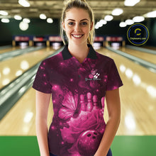 Load image into Gallery viewer, Custom Pink Butterfly And Roses Bowling Women Polo Shirts, Ladies Bowling Team IPHW10878