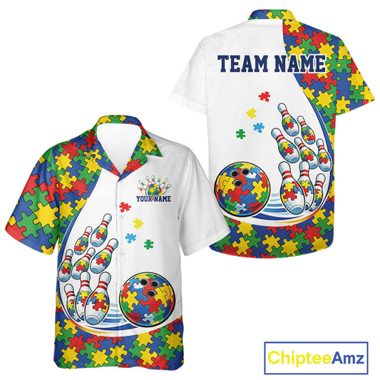 Button-up bowling shirt mockup presenting white shirt with colorful autism-themed bowling strikes and vibrant puzzle-inspired graphics