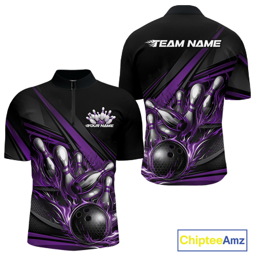 Front and back view of a men’s quarter-zip bowling shirt mockup in black, featuring purple flame bowling ball striking pins with abstract geometric stripes.