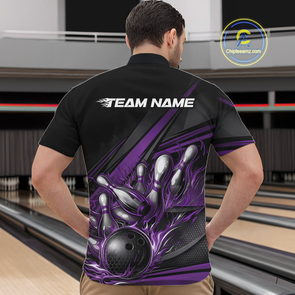 Male model in a bowling lane wearing a black quarter-zip shirt, purple flame bowling strike artwork with modern geometric motion styling.