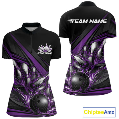 Front and back view of a women’s quarter-zip bowling shirt mockup in black, featuring purple flame bowling ball striking pins with geometric stripe accents.