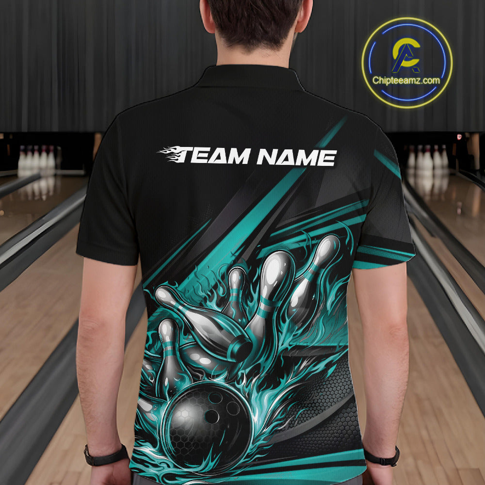 Male model in a bowling lane wearing a black polo shirt, back view featuring turquoise flame bowling ball striking pins with abstract geometric stripe design