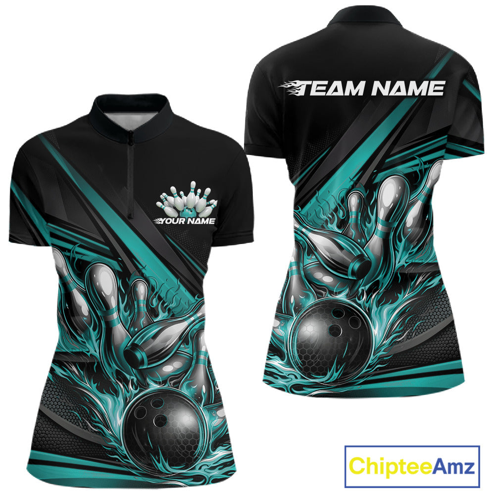 Front and back view of a women’s quarter-zip bowling shirt mockup in black, featuring turquoise flame bowling ball striking pins with abstract geometric stripe accents.
