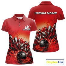 Load image into Gallery viewer, Custom Red Flame Bowling Tournament Women Polo Team Shirt, Fire Bowling League Shirt IPHW11215