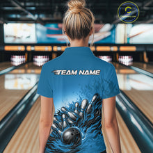 Load image into Gallery viewer, Custom Blue Flame Bowling Tournament Women Quarter-Zip Shirt, Fire Bowling League Shirt IPHW11216