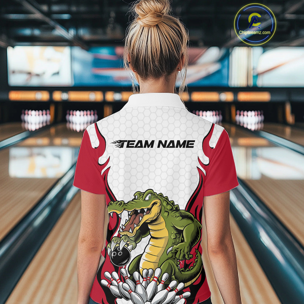 Custom Funny Alligator Women Bowling Shirts, Alligator Red Bowling Team League Shirt IPHW10683