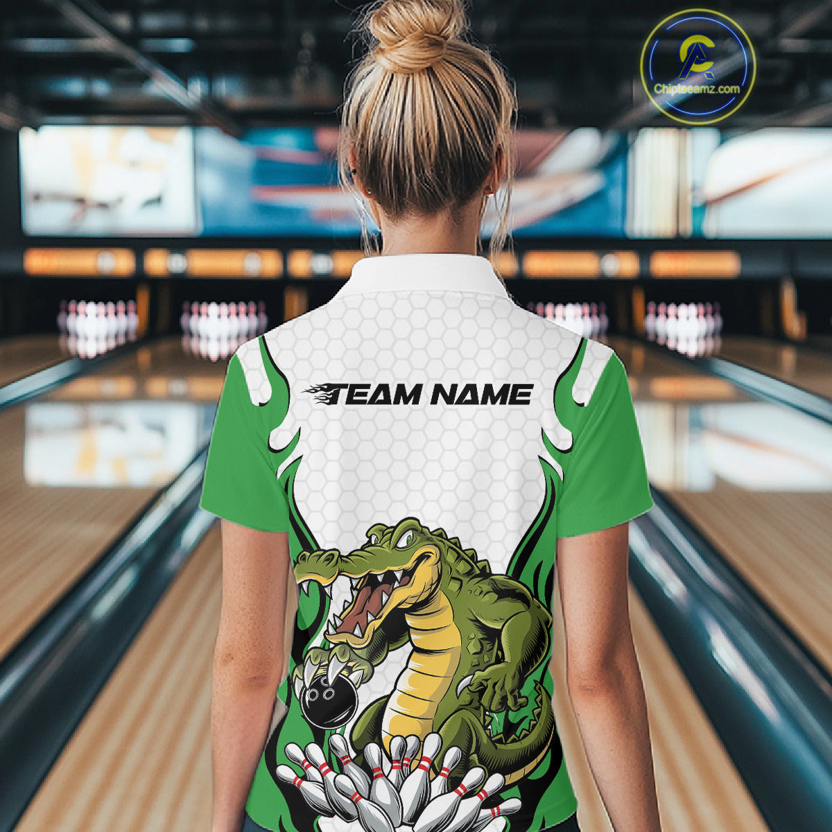 Custom Funny Alligator Women Bowling Shirts, Alligator Green Bowling Team League Shirt IPHW10685