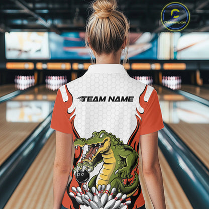 Custom Funny Alligator Women Bowling Shirts, Alligator Orange Bowling Team League Shirt IPHW10686