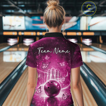 Load image into Gallery viewer, Custom Pink Butterfly Women Bowling Polo Shirt, Ladies Bowling League Shirt IPHW10923