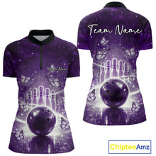 Load image into Gallery viewer, Custom Purple Butterfly Women Bowling Quarter-Zip Shirt, Ladies Bowling League Shirt IPHW10924