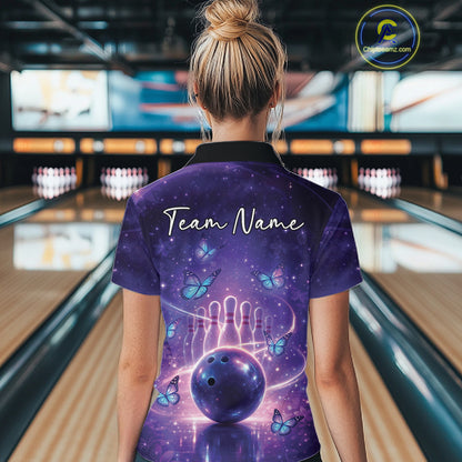 Custom Blue And Purple Butterfly Women Bowling Polo Shirt, Ladies Bowling League Shirt IPHW10925