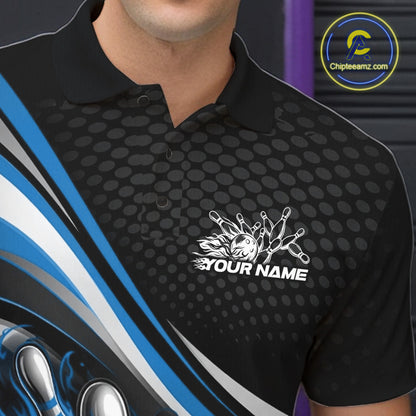 Close-up view of left chest area of a black and blue polo shirt, showing small flame bowling ball and pins graphic detail.