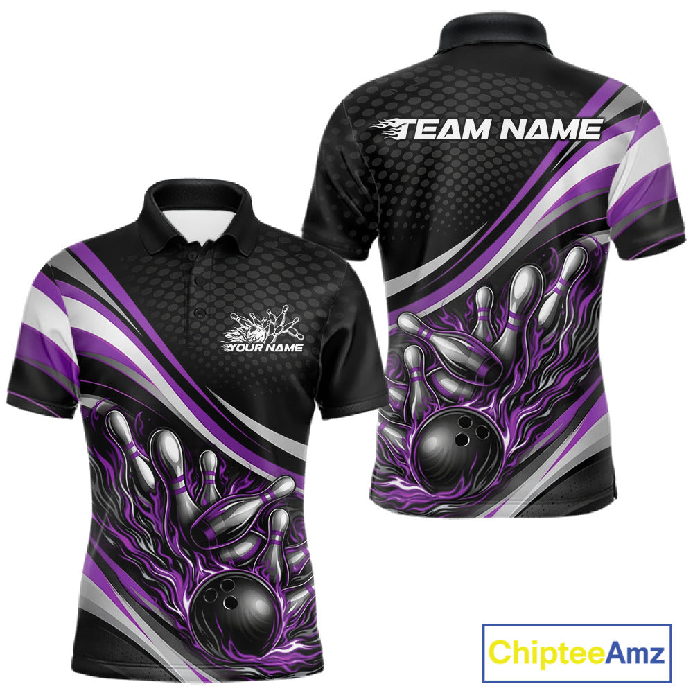 Front and back view of a men’s polo shirt mockup in black and purple, featuring flame bowling ball striking pins energetic sports illustration.