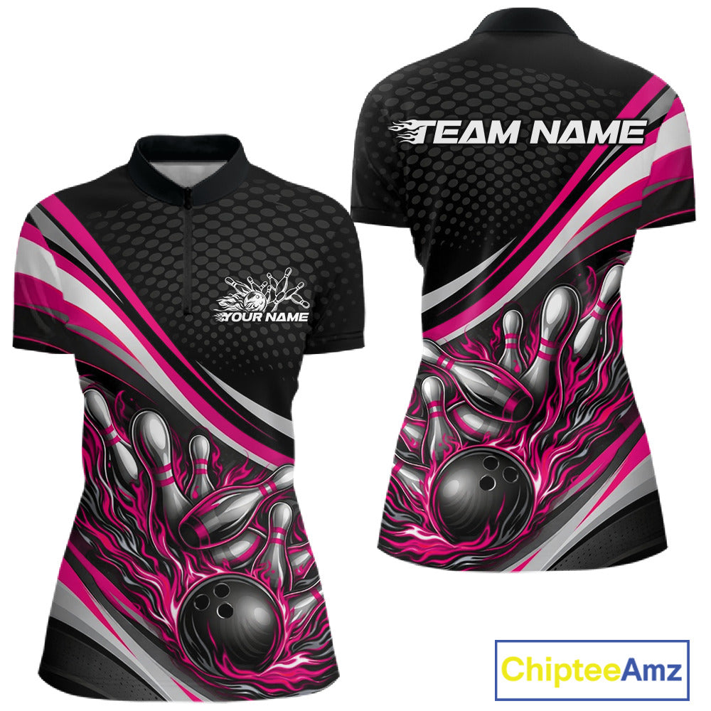 Women’s quarter zip bowling shirt mockup in black with pink accents, flame bowling ball and pins design in modern ecommerce style