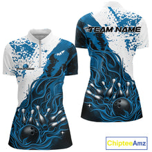 Load image into Gallery viewer, Custom Blue Flame Bowling Women Quarter-Zip Shirt, Bowling Team League Shirt IPHW11243