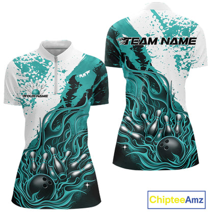 Front and back view of a womens black bowling quarter-zip shirt mockup featuring flame bowling ball and pins design in turquoise blue and white tones.