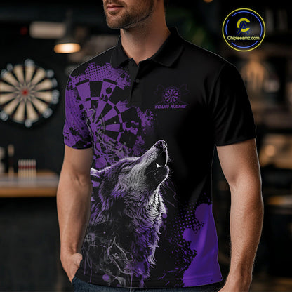Custom Black And Purple Splatter Grunge Dart Wolf Men Polo Shirts, Wolf Dart Team Jerseys IPHW10011