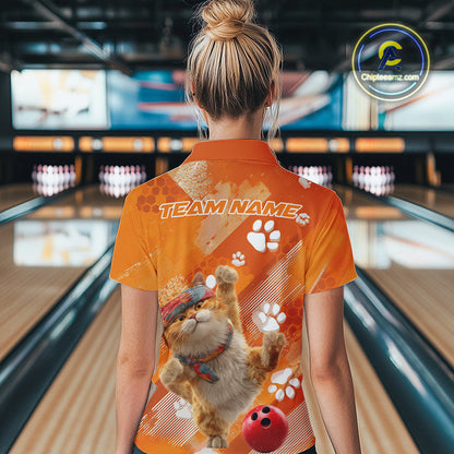 Custom Funny Orange Cat Bowling Women Polo Shirt, Cute Team Cat Paw Bowling Shirt IPHW10102