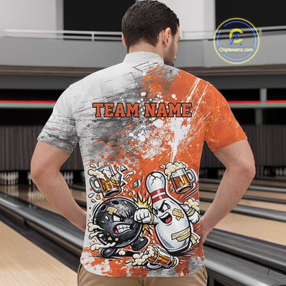 Front view of a male model in a bowling lane wearing an orange and white grunge splatter bowling quarter-zip shirt featuring playful bowling ball and pin fighting scene.