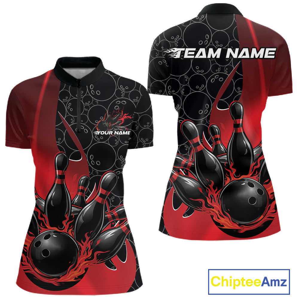 Front and back view of a womens black and red bowling quarter-zip shirt mockup, featuring flaming bowling ball striking pins artwork with dynamic gradient bowling ball pattern graphics.