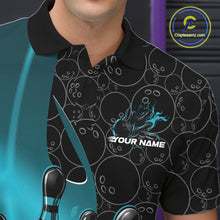 Load image into Gallery viewer, Custom Black And Blue Flame Bowling Team Men Polo Shirt, Bowling Ball Pattern Jerseys IPHW11278