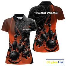 Load image into Gallery viewer, Custom Black And Orange Flame Bowling Team Women Polo Shirt, Bowling Ball Pattern Jerseys IPHW11279