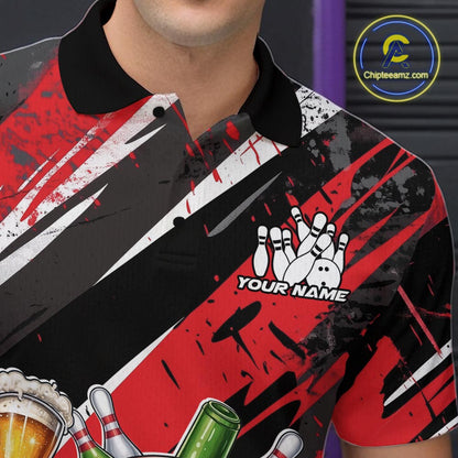 Custom Funny Bowling Ball Drink Beer Bowling Men Polo Shirt, Grunge Red Team Shirt IPHW10117