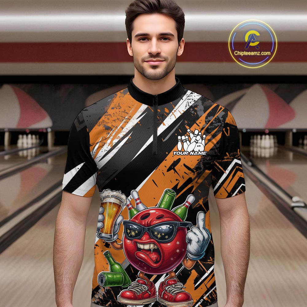 Custom Funny Bowling Ball Drink Beer Bowling Men Quarter-Zip Shirt, Grunge Orange Team Shirt IPHW10118