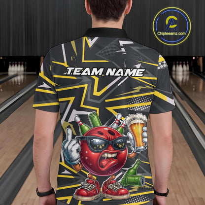 Custom Funny Bowling Ball Drink Beer Bowling Men Polo Shirt, Yellow Bowling Team Shirt IPHW10120