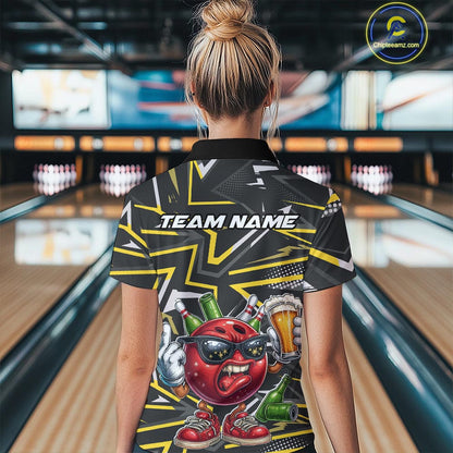 Custom Funny Bowling Ball Drink Beer Bowling Women Quarter-Zip Shirt, Yellow Team Shirt IPHW10120