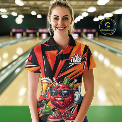 Custom Funny Bowling Ball Drink Beer Bowling Women Polo Shirt, Orange Bowling Team Shirt IPHW10122