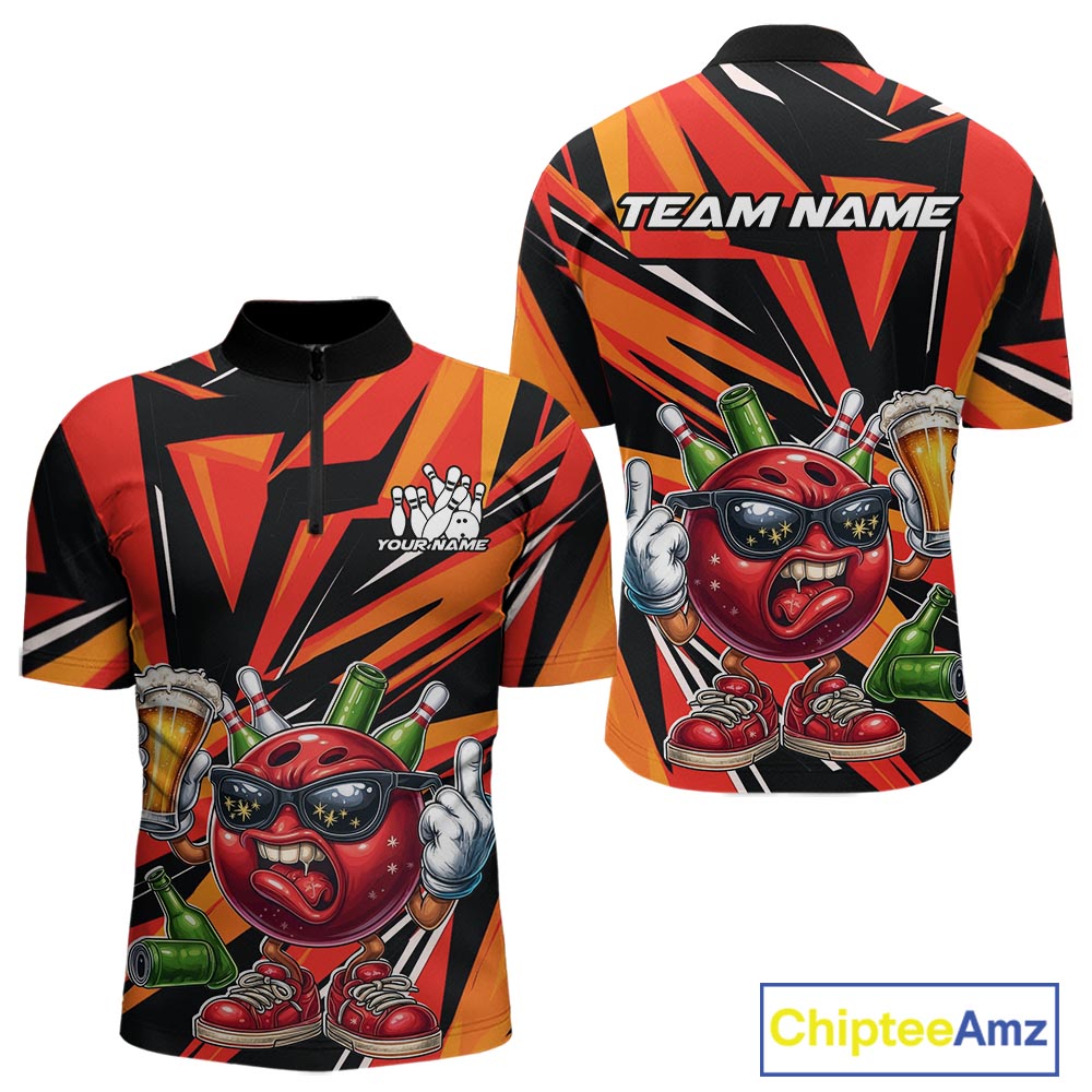 Custom Funny Bowling Ball Drink Beer Bowling Men Quarter-Zip Shirt, Orange Bowling Team Shirt IPHW10122
