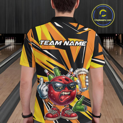 Custom Funny Bowling Ball Drink Beer Bowling Men Polo Shirt, Yellow Bowling Team Shirt IPHW10123