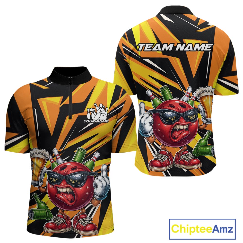 Custom Funny Bowling Ball Drink Beer Bowling Men Quarter-Zip Shirt, Yellow Bowling Team Shirt IPHW10123