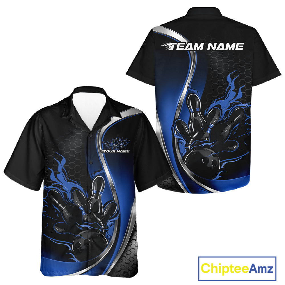 Front and back view of a black and blue button-up bowling shirt mockup featuring flame bowling ball and pins athletic sports graphics.