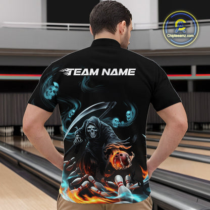 Custom Blue Skull Smoke Grim Reaper Bowling Men Quarter-Zip Shirt, Halloween Bowling Jerseys IPHW9900