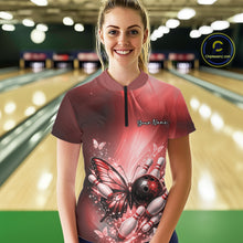 Load image into Gallery viewer, Custom Red Butterfly Bowling Team Women Quarter-Zip Shirt, Bowling League Shirt IPHW11036