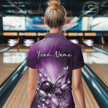 Load image into Gallery viewer, Custom Purple Butterfly Bowling Team Women Polo Shirt, Bowling League Shirt IPHW11037