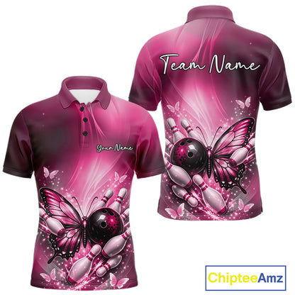 Front and back view of a pink men’s bowling polo shirt featuring a butterfly beside a bowling ball with scattered bowling pins.