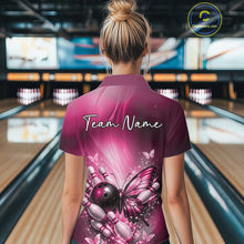 Load image into Gallery viewer, Custom Pink Butterfly Bowling Team Women Polo Shirt, Bowling League Shirt IPHW11038