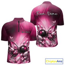 Load image into Gallery viewer, Custom Pink Butterfly Bowling Team Men Quarter-Zip Shirt, Bowling League Shirt IPHW11038