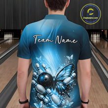 Load image into Gallery viewer, Custom Blue Butterfly Bowling Team Men Polo Shirt, Bowling League Shirt IPHW11039