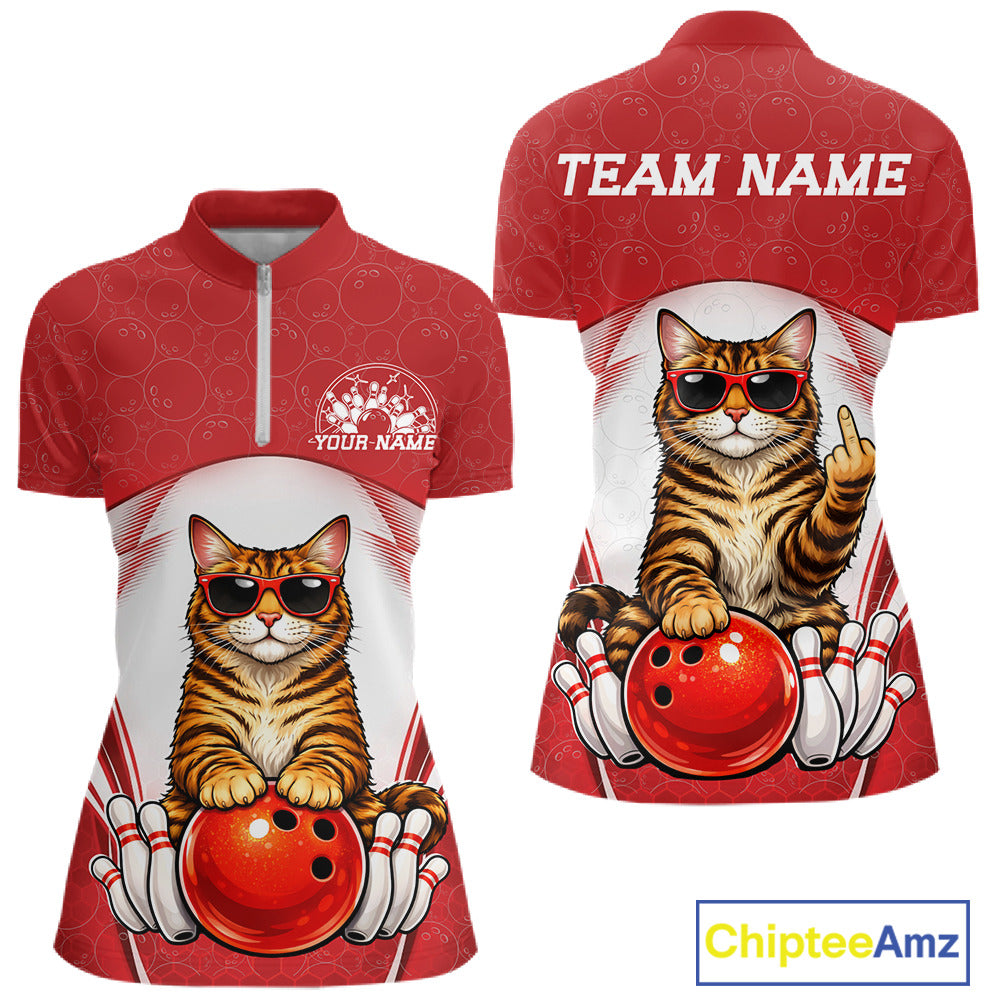 Front and back mockup of a white and red women’s bowling quarter-zip shirt showcasing a golden brown Bengal cat in sunglasses leaning on a bowling ball.