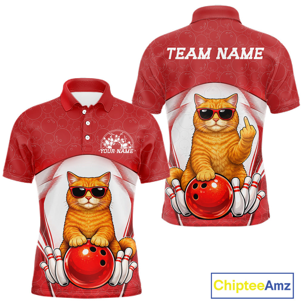 Front and back view of a white and red men’s bowling polo shirt featuring an orange British Shorthair cat wearing sunglasses and leaning on a bowling ball.