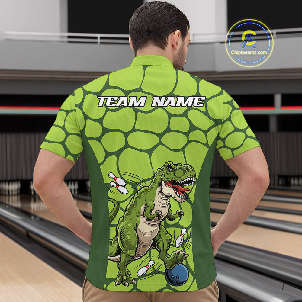 Custom Funny Green Dinosaur Bowling Team Men Quarter-Zip Shirt, Bowling Tournament Team Shirt IPHW9931