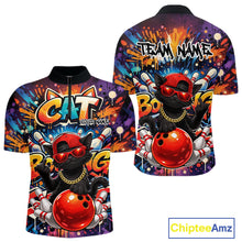 Load image into Gallery viewer, Custom Hip Hop Black Cat With Funny Gesture Bowling Men Quarter-Zip Shirt, Graffiti Bowler Shirt IPHW11059