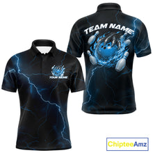 Load image into Gallery viewer, Custom Black And Blue Lightning Montrous Flame Bowling Tournament Men Polo Team Shirt IPHW11072