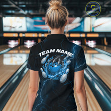 Load image into Gallery viewer, Custom Black And Blue Lightning Montrous Flame Bowling Tournament Women Shirt IPHW11072